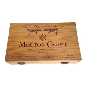 Vintage Hinged Wooden Box Mouton-Cadet Red Bordeaux Wine Rothschilds Gift Box